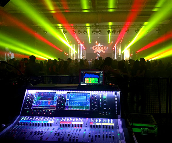 hybrid moving head stage lights with beam, wash, and gobo spotlights and a a&H dlive s5000